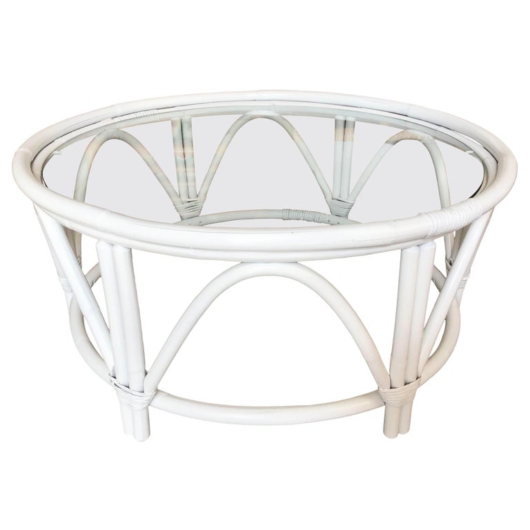 Large Round Ficks Reed White Rattan Coffee Table For Sale at 1stDibs