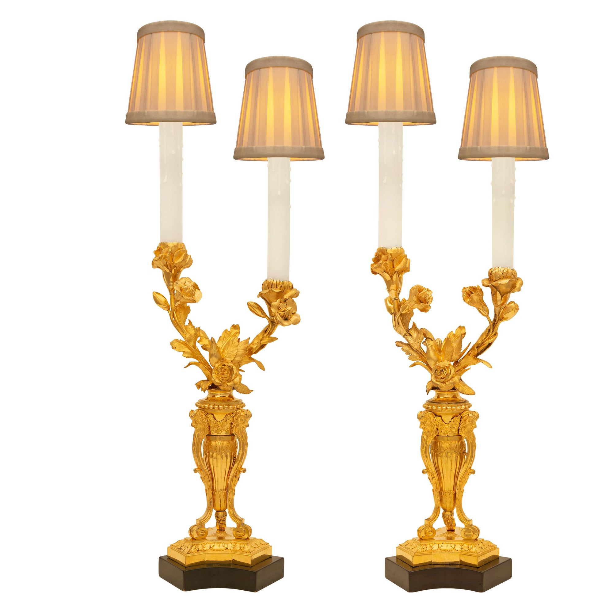 Pair of French 19th Century Louis XVI St. Ormolu and Fruitwood Candelabra Lamps For Sale