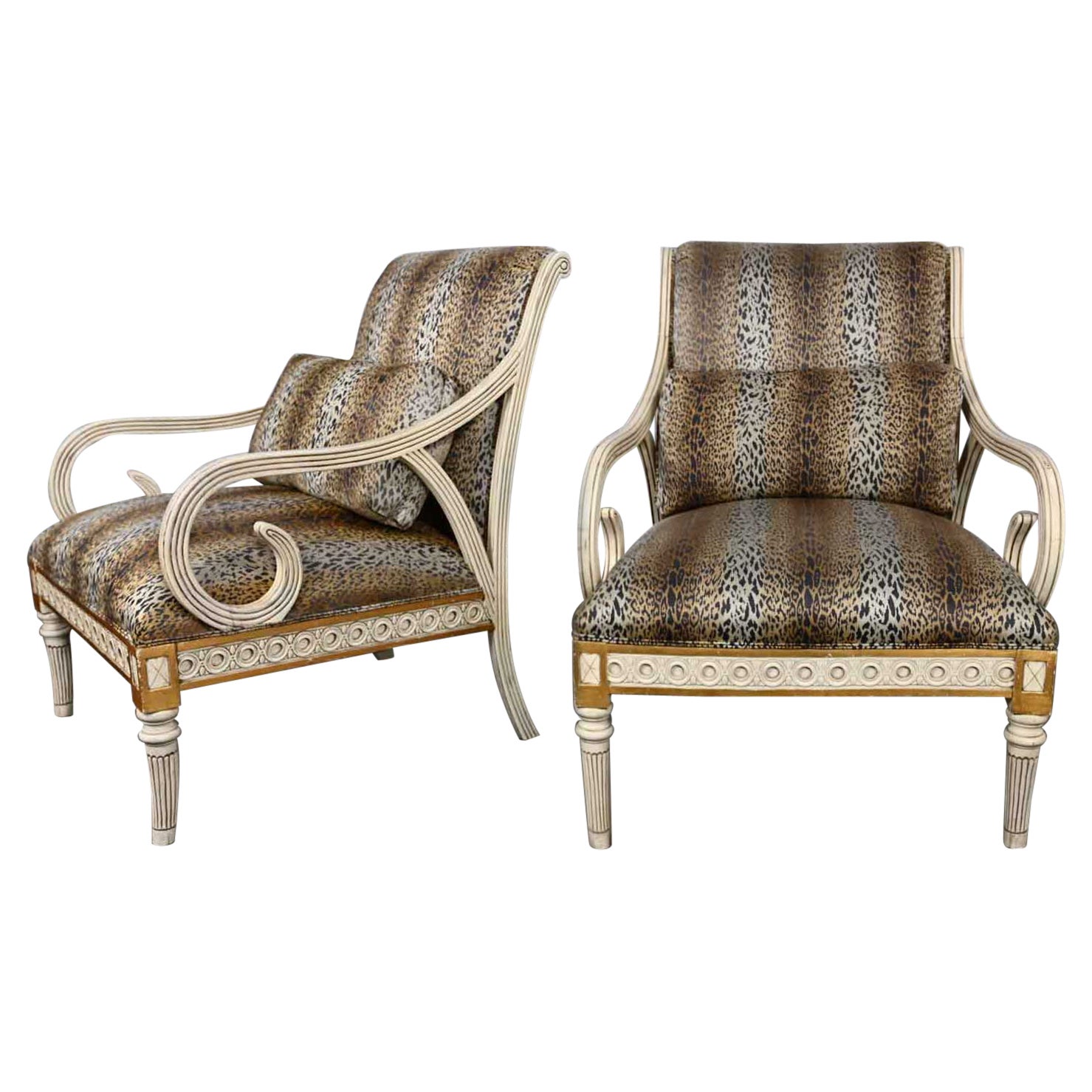 Late 20th Henredon Neoclassic Revival Animal Print Large Scale Arm Chairs a Pair For Sale