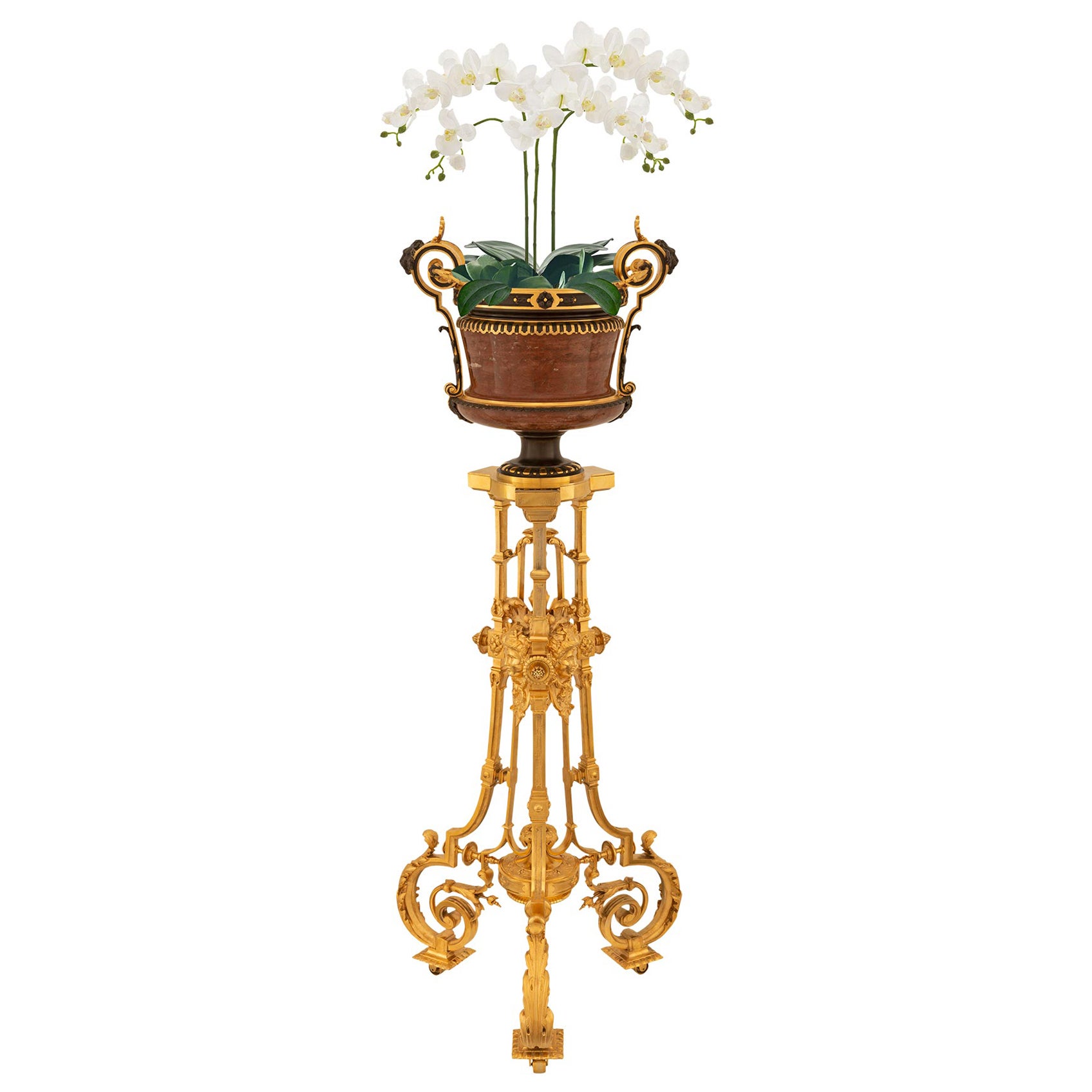 Jardinière/stand de style Renaissance du 19ème siècle en bronze, marbre et bronze doré en vente