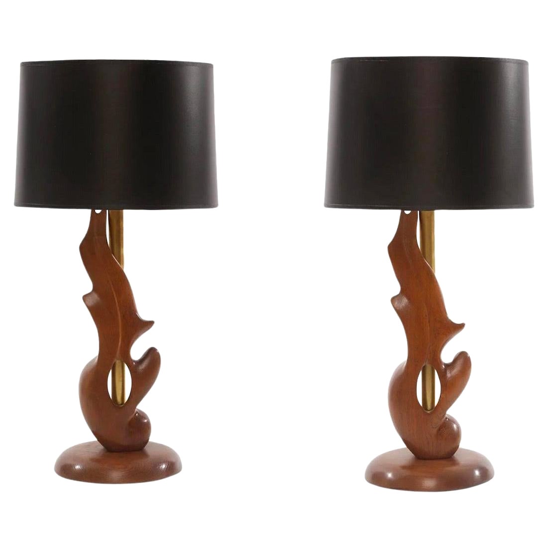 Heifetz Sculptural 1950s Oak and Brass Table Lamps For Sale