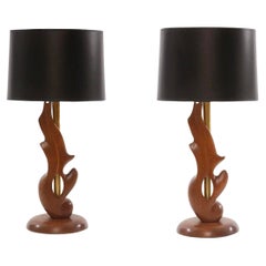 Heifetz Sculptural 1950s Oak and Brass Table Lamps