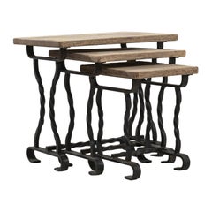 Vintage French Wrought Iron and Oak Nesting Tables, Set of Three