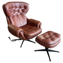 Midcentury Leather Chair with Ottoman