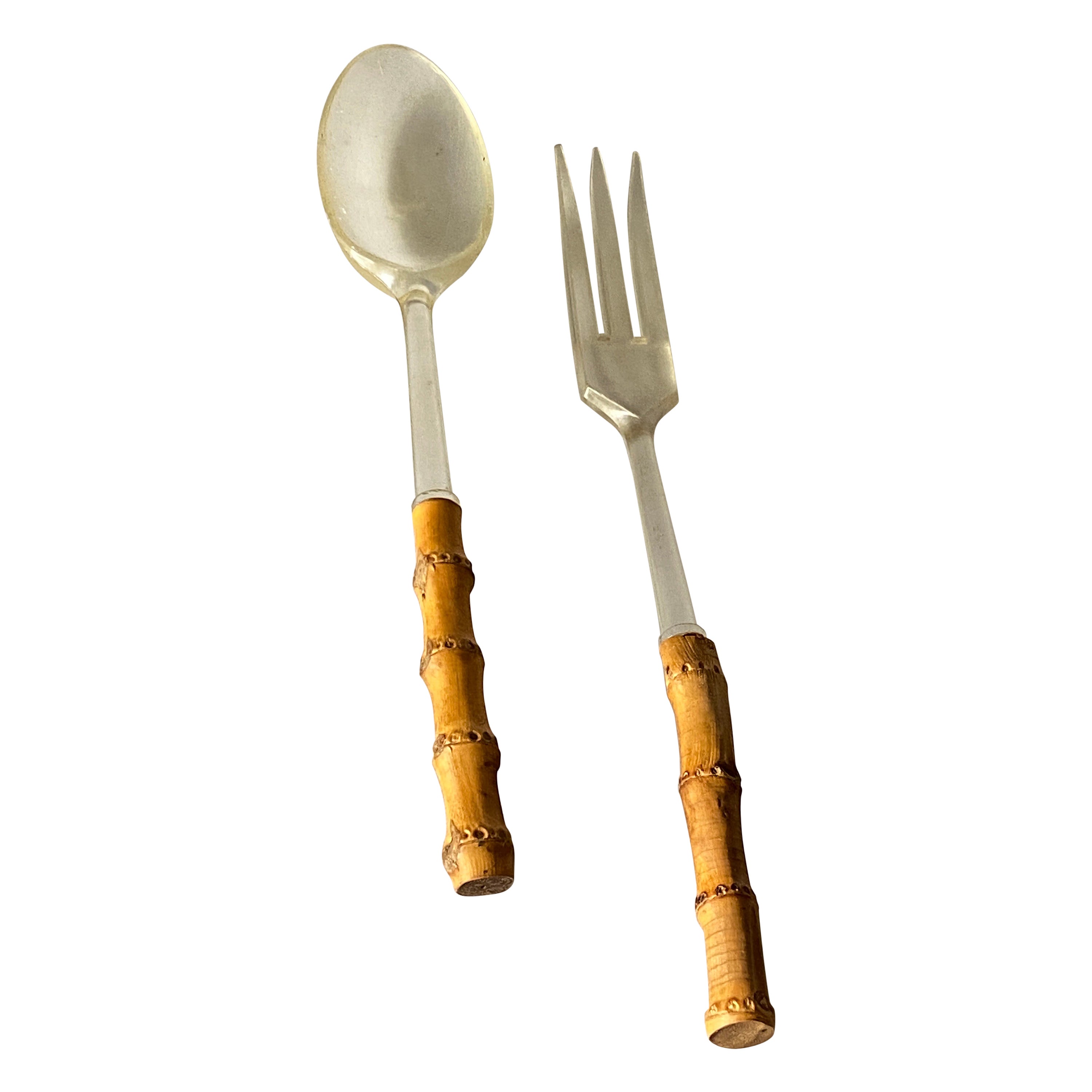 Couverts français 1970, fourchette et couteau 2 pièces pour service à salade en faux bambou