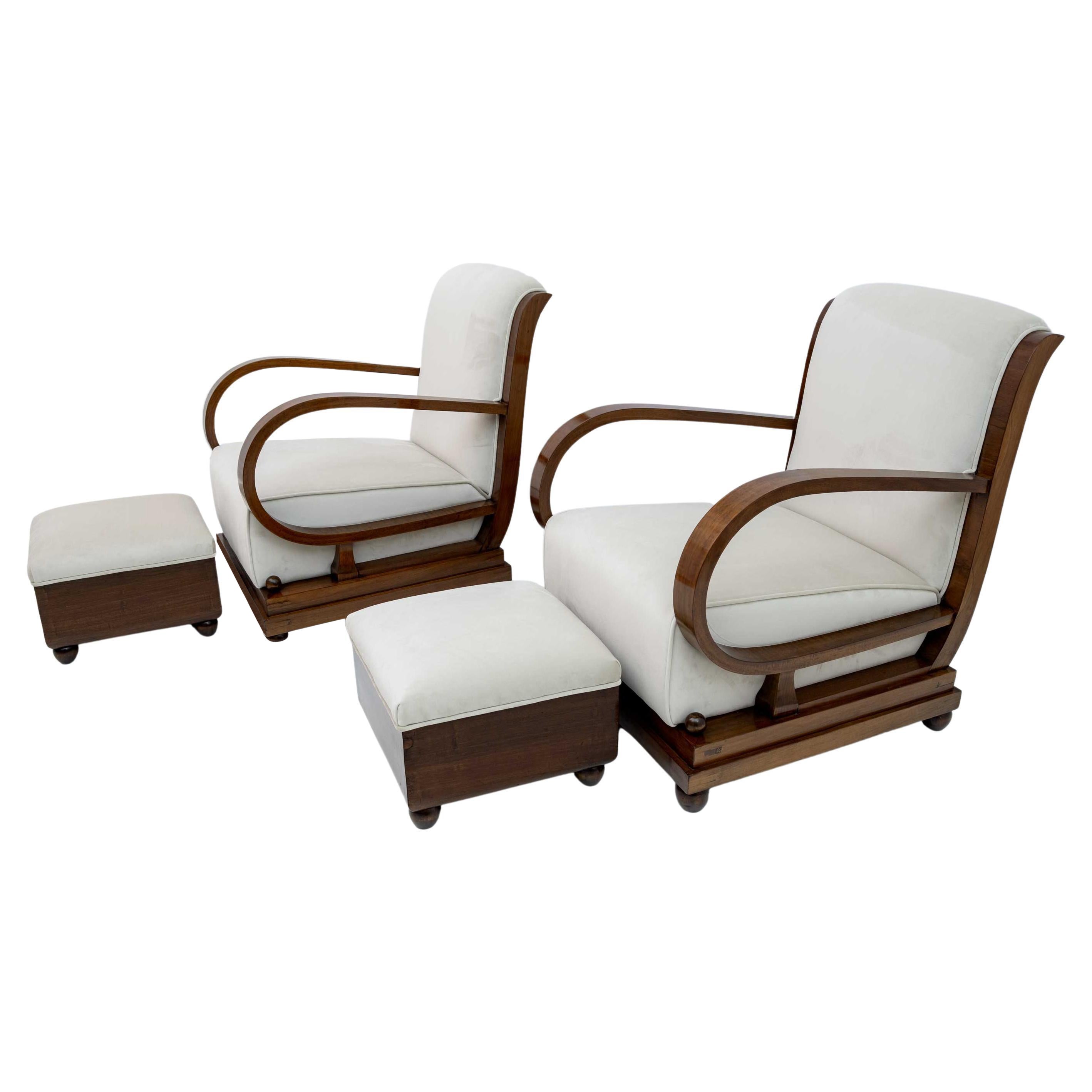 Pair of Art Dèco Italian Walnut and Velvet Armchairs and Two Ottomans, 1920s