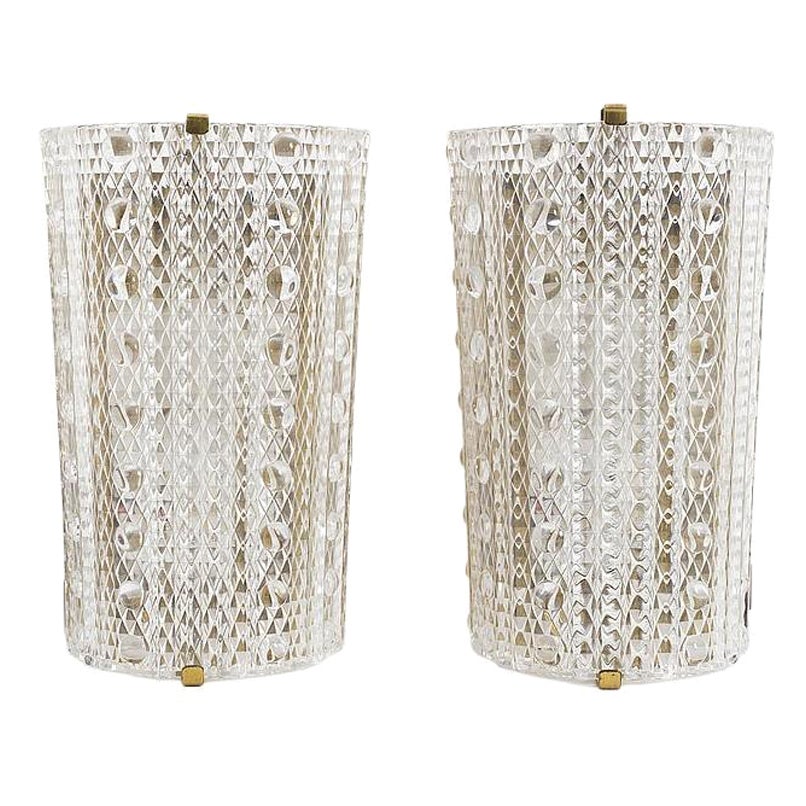 Pair of Sconces by Carl Fagerlund for Orrefors Glass and Brass, Sweden, 1960 For Sale