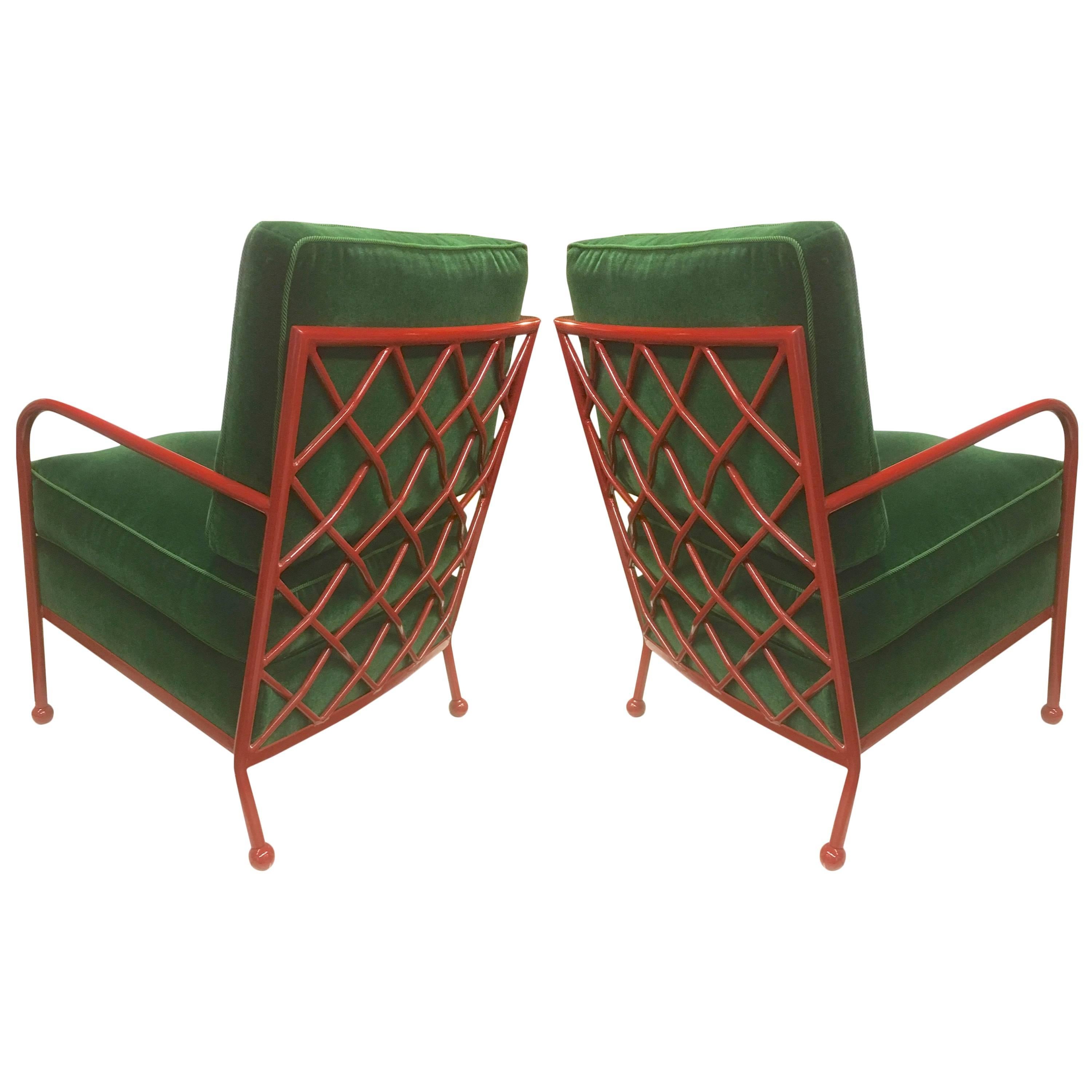 Jean Royère Pair of Croisillon Armchairs in Red Lacquered Wrought Iron For Sale