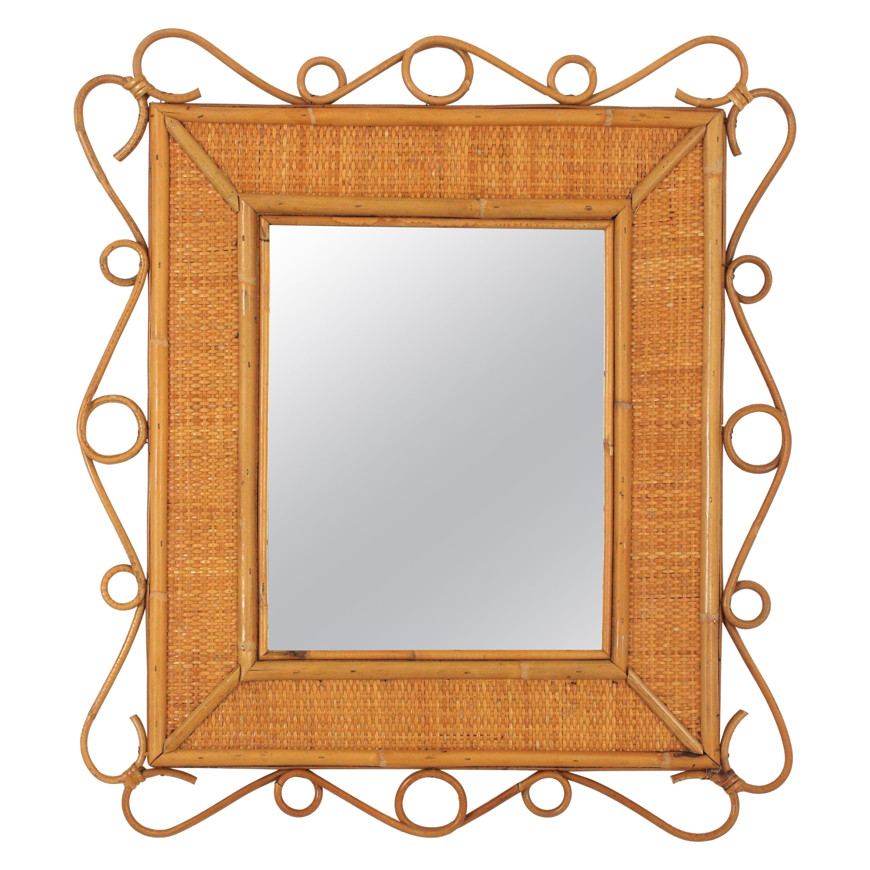 Rattan Rectangular Mirror with Scroll Motif, Franco Albini Style For Sale