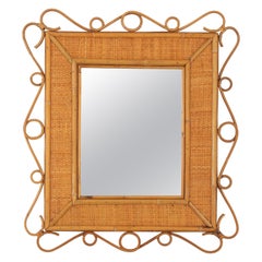 Rattan Rectangular Mirror with Scroll Motif in the Style of Franco Albini
