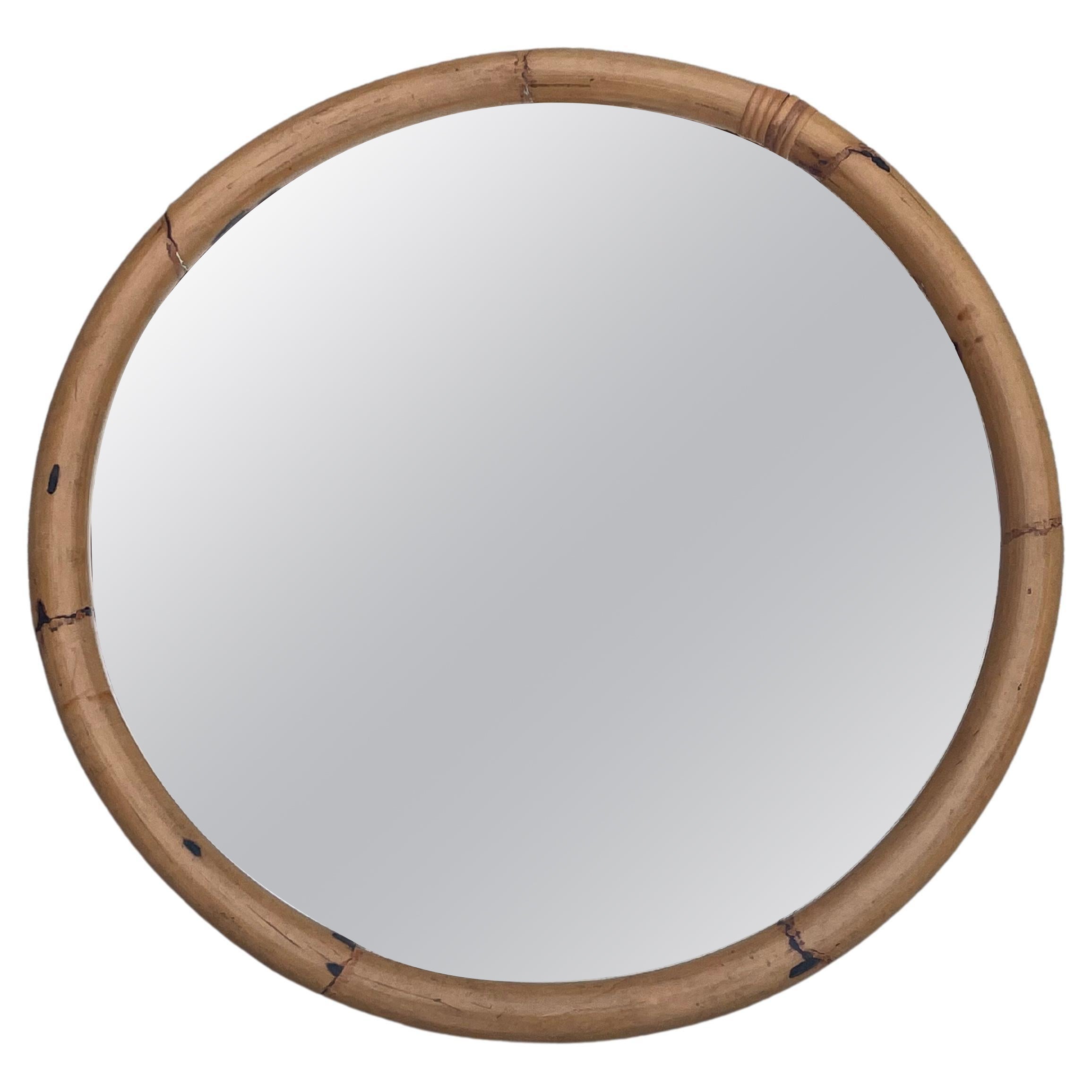 Beautiful Large Round Bamboo Midcentury French Riviera Mirror For Sale