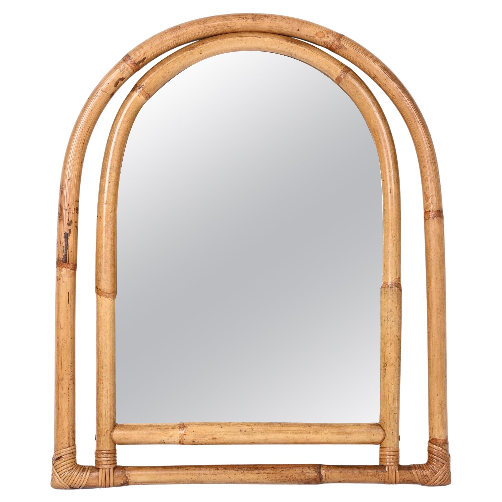 Midcentury Italian Arch Mirror with Double Bamboo and Rattan Frame, Italy, 1970s For Sale