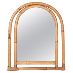 Vintage Midcentury Italian Arch Mirror with Double Bamboo and Rattan Frame, Italy, 1970s