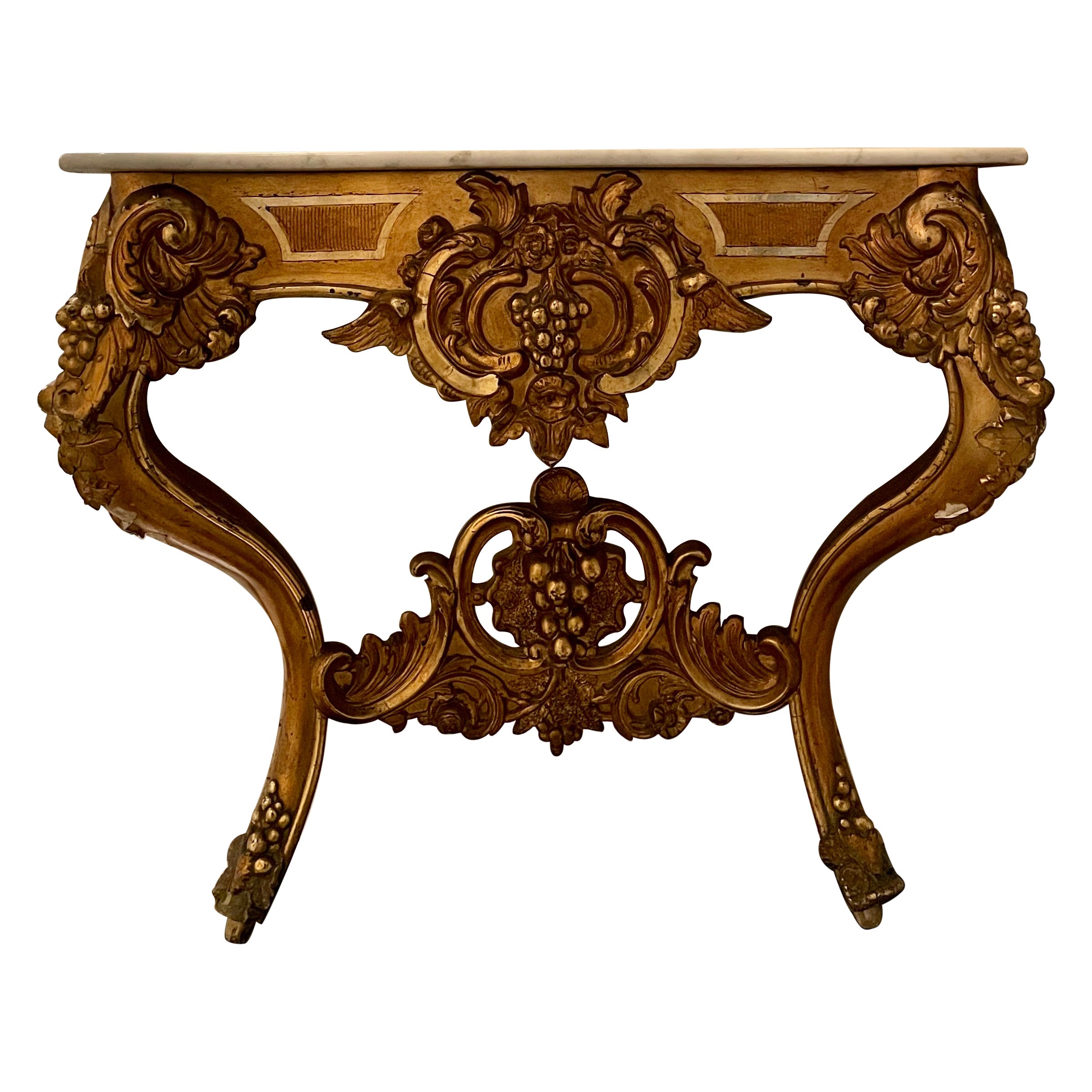 Italian 19th C Curved Console Table with Triple Gilding and White Marble Top For Sale