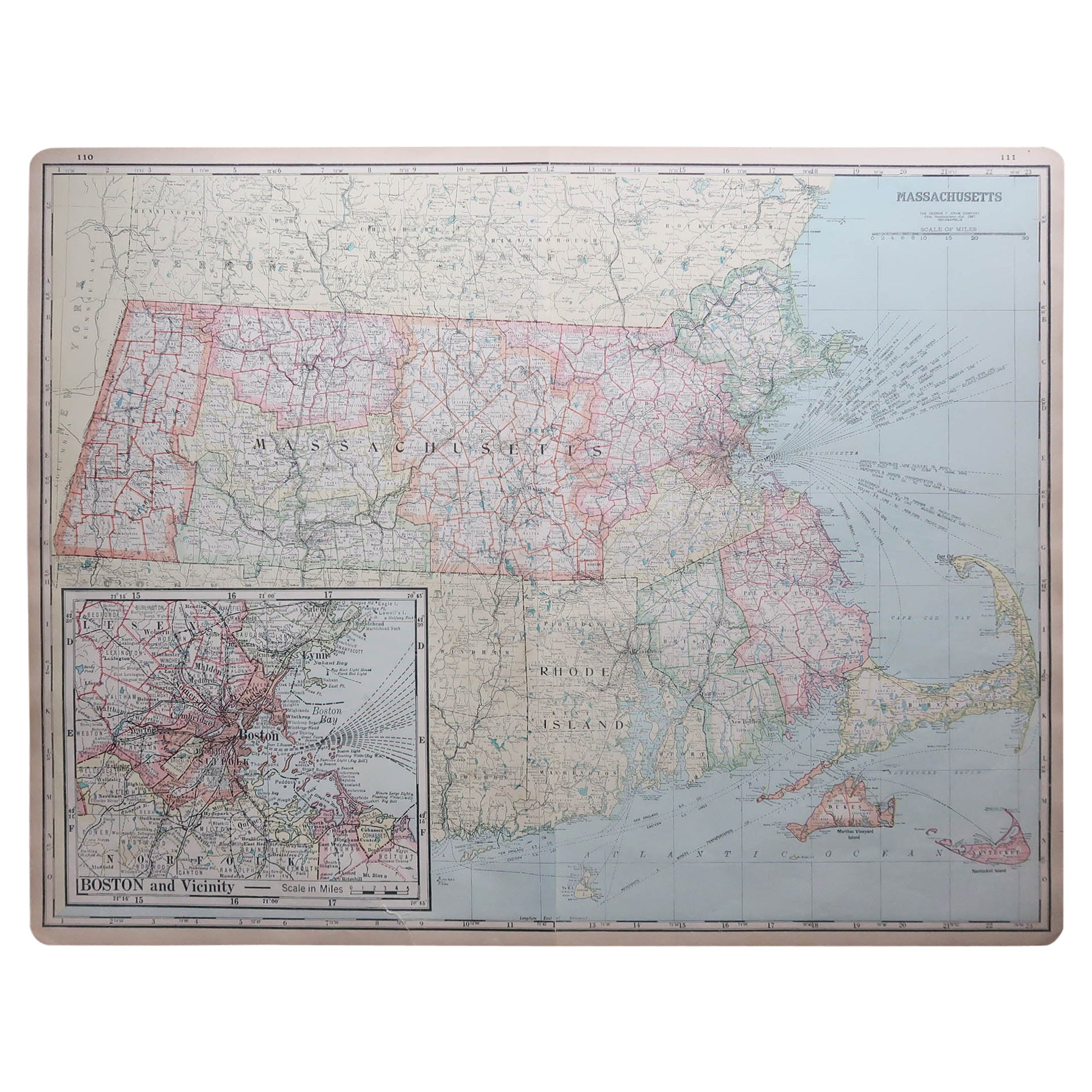 Large Original Antique Map of Massachusetts, USA, circa 1900 For Sale