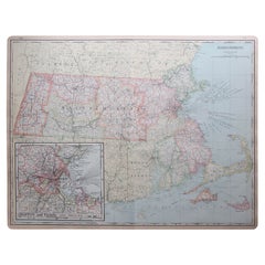Grande carte ancienne originale du Massachusetts, États-Unis, datant d'environ 1900