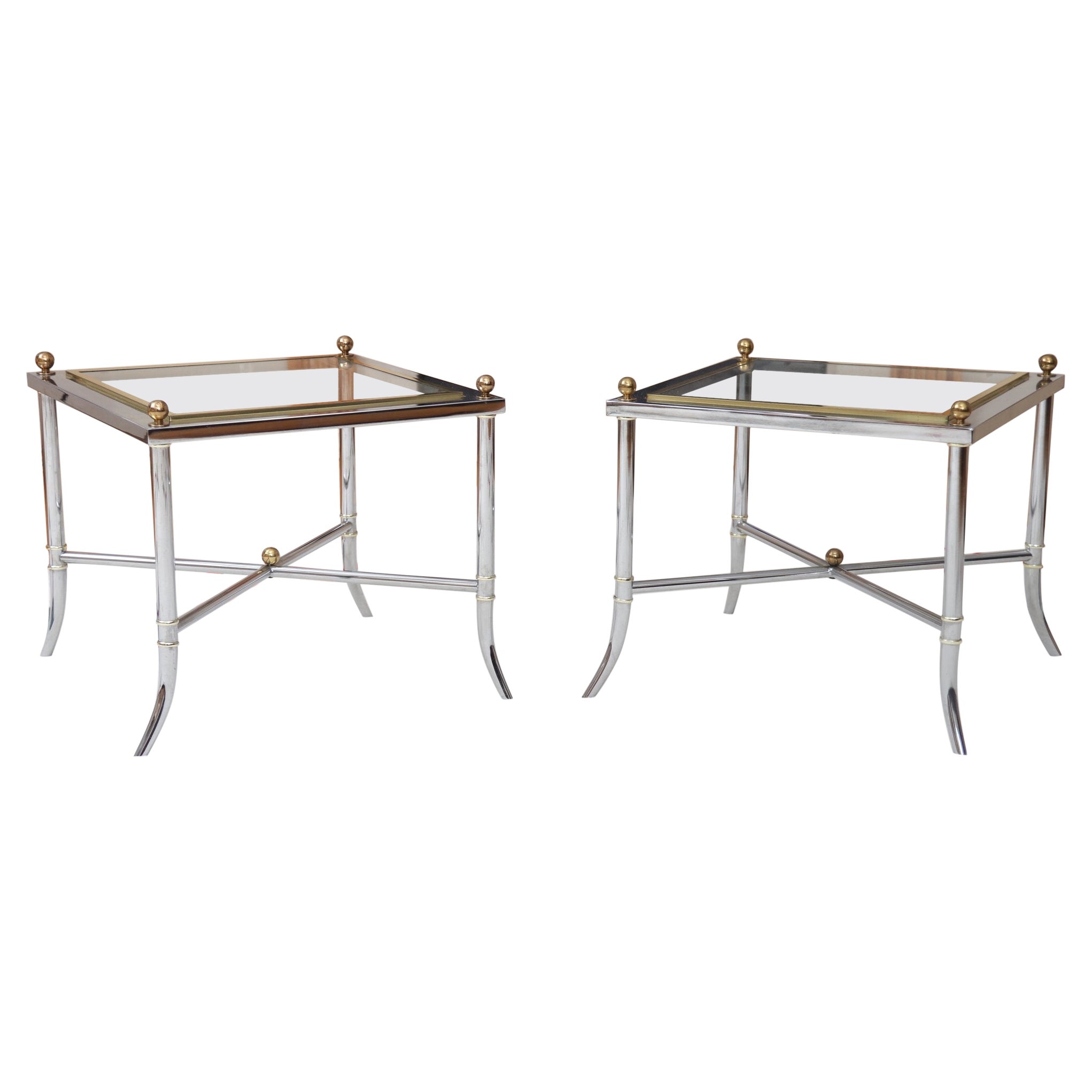 Modern Faux Bamboo Chrome Side Tables with Brass Finials  For Sale