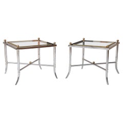 Modern Faux Bamboo Chrome Side Tables with Brass Finials