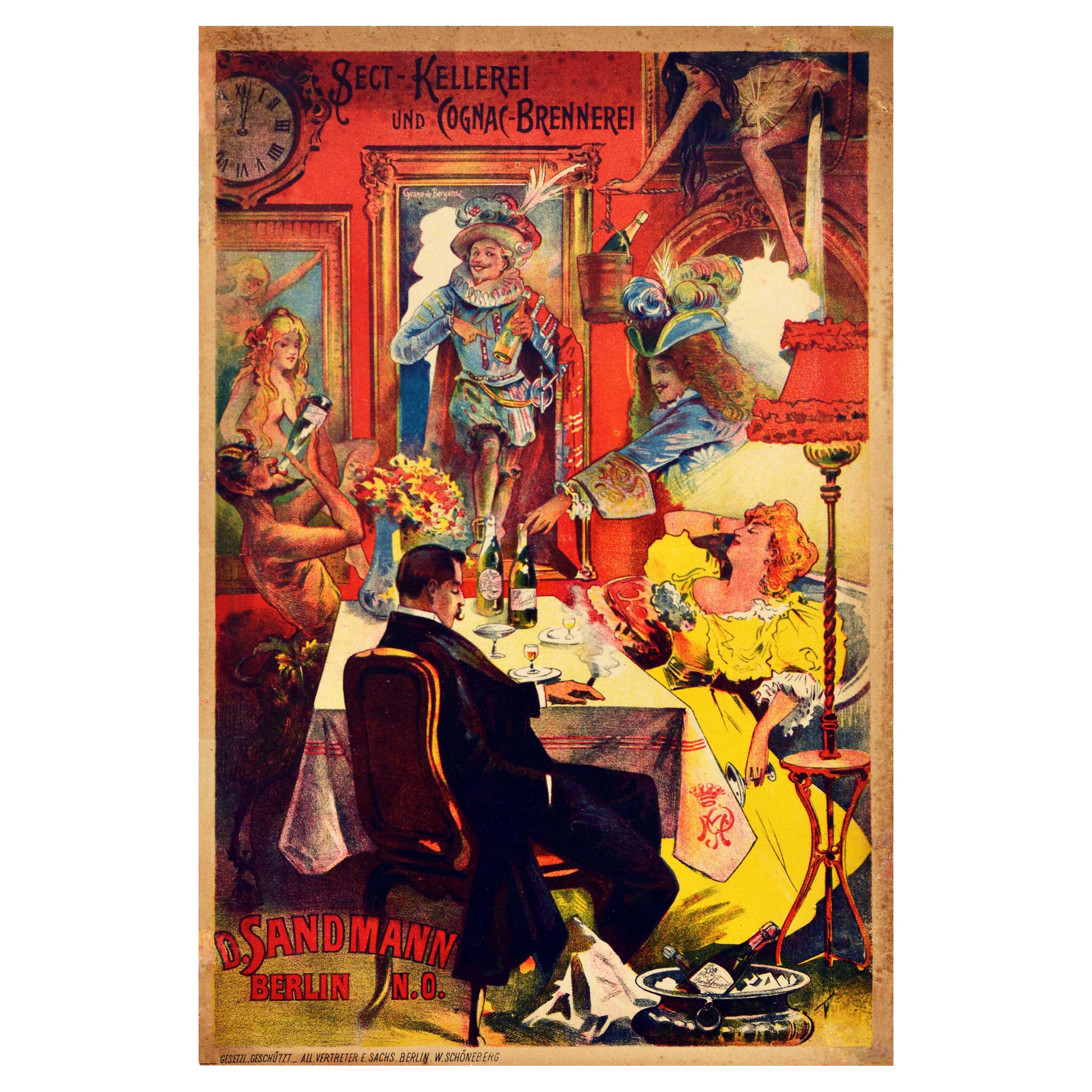 Original Antikes Original-Poster Sect Kellerei Champagner Cognac Brennerei Art Nouveau