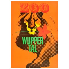 Affiche publicitaire originale vintage du zoo de Wuppertal, Lion, Allemagne, Design Art