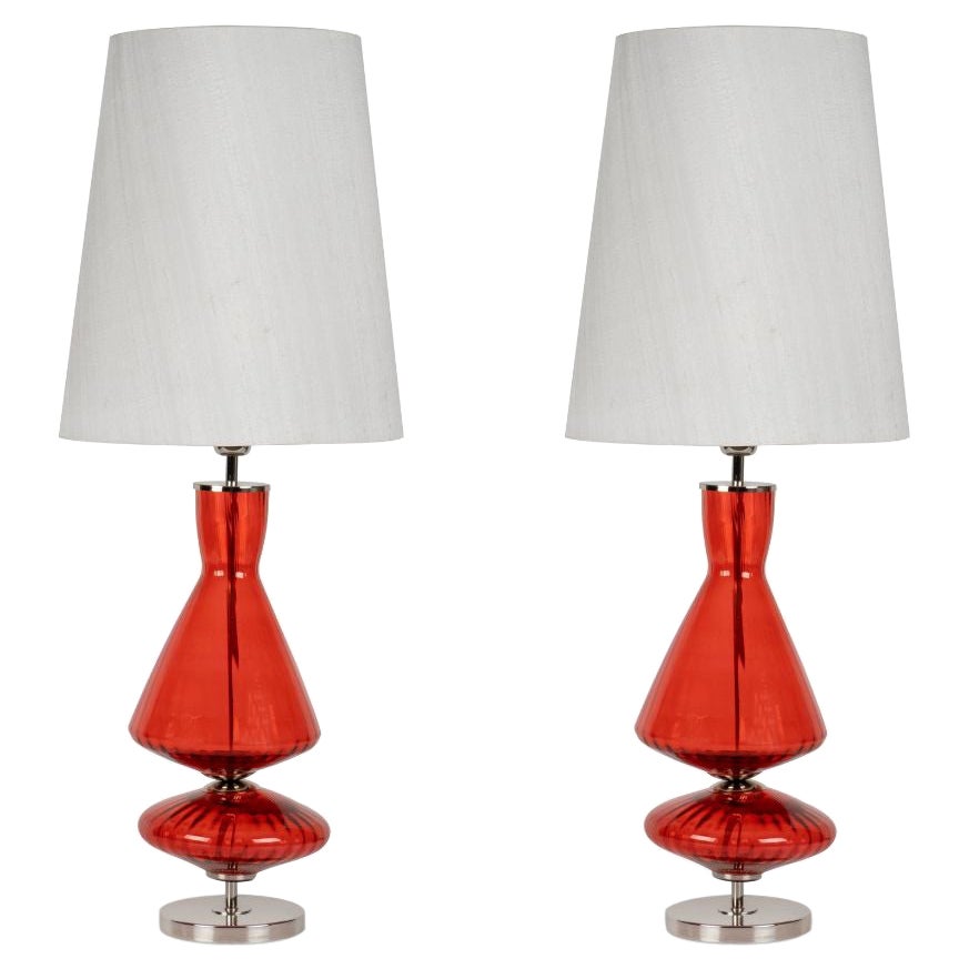 Set/2 Modern Table Lamps, Glass Base, Silk Lampshade, Handmade by Greenapple
