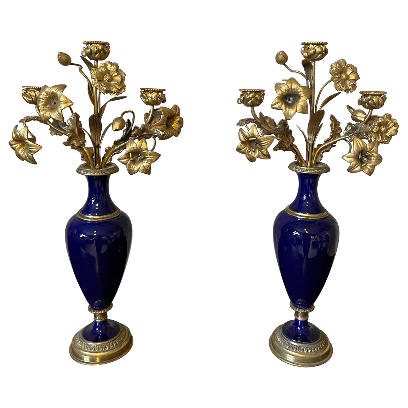 19th Century French Pair of Bronze and Blue Sevres Porcelain Candelabras