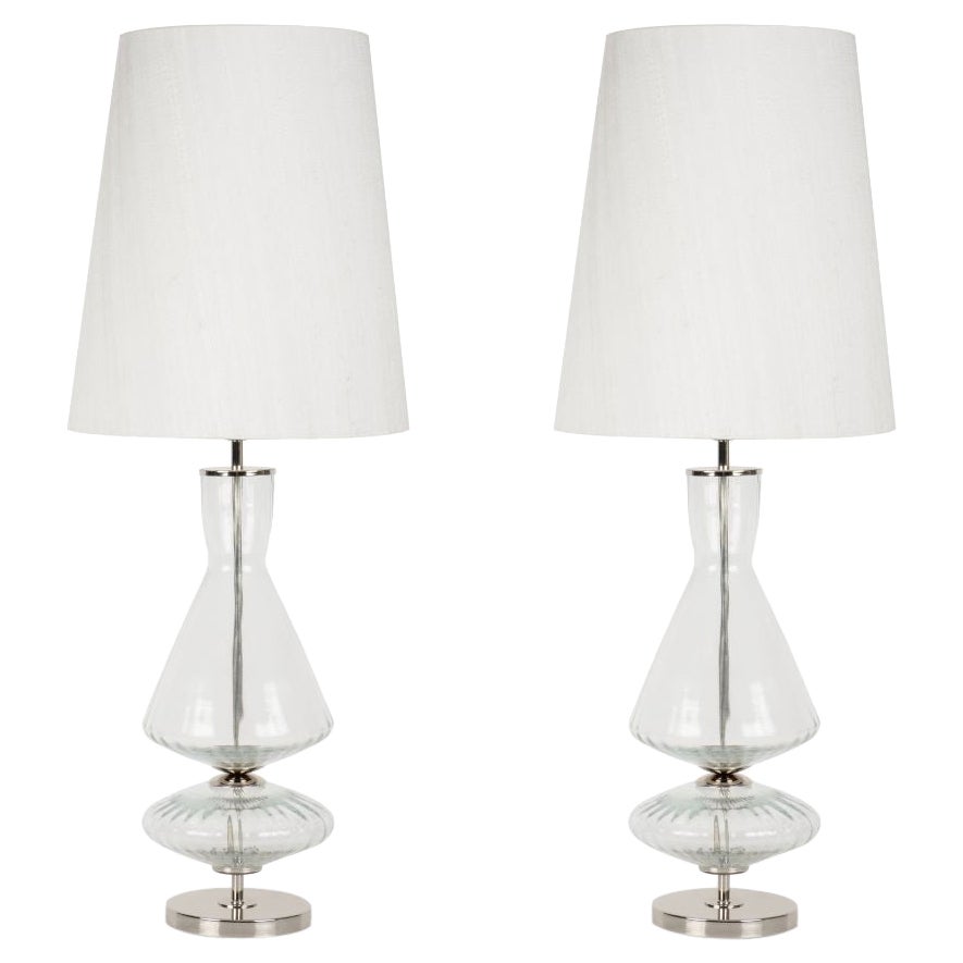 Set/2 Modern Table Lamps, Glass Base, Silk Lampshade, Handmade by Greenapple For Sale