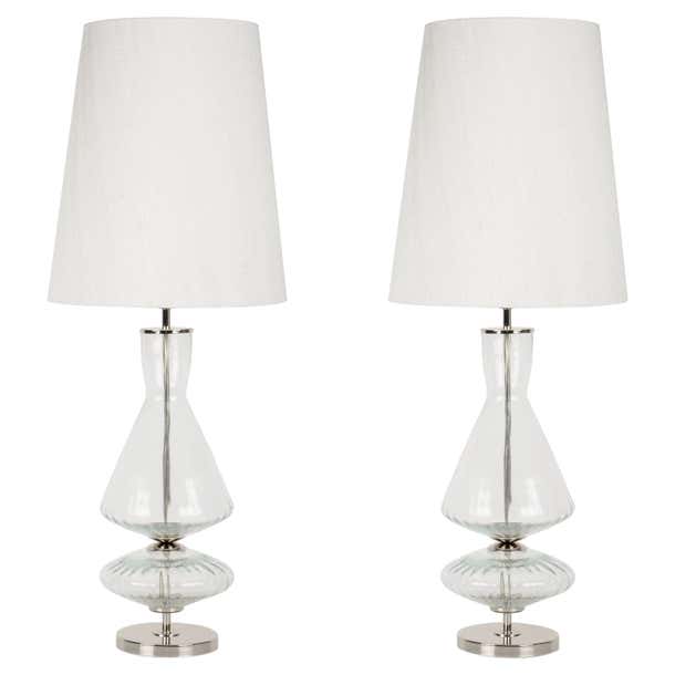 Set/2 Modern Table Lamps, Glass Base, Silk Lampshade, Handmade by ...