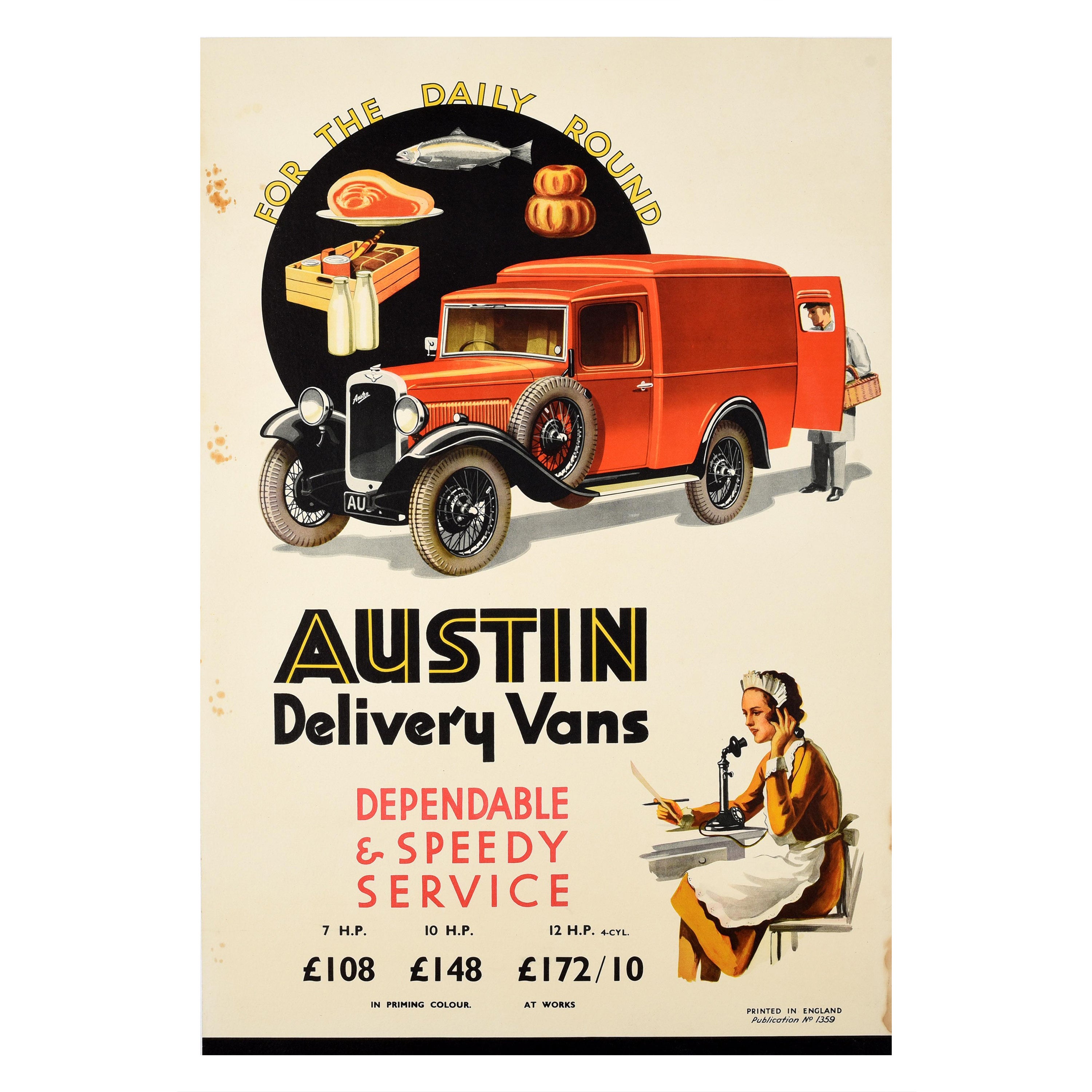 Affiche vintage d'origine Austin Motor Co Delivery Van Food Drink - Publicité Art Déco en vente