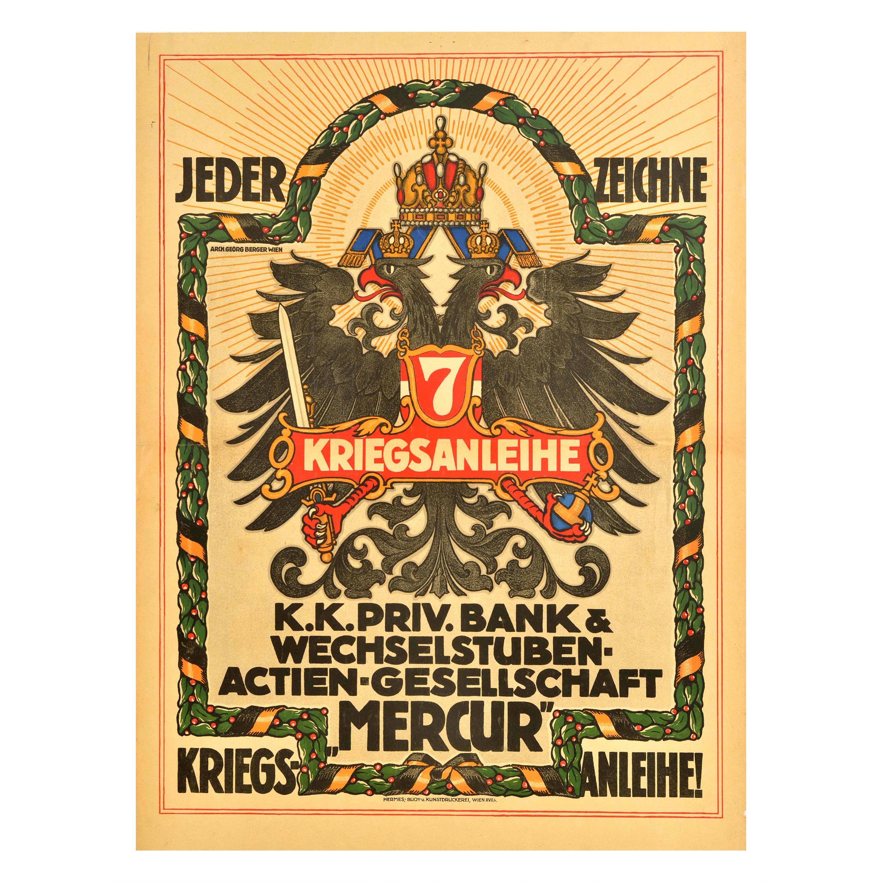 Original Antique War Loan Poster 7 Austrian War Bond WWI Eagle Coat Of Arms