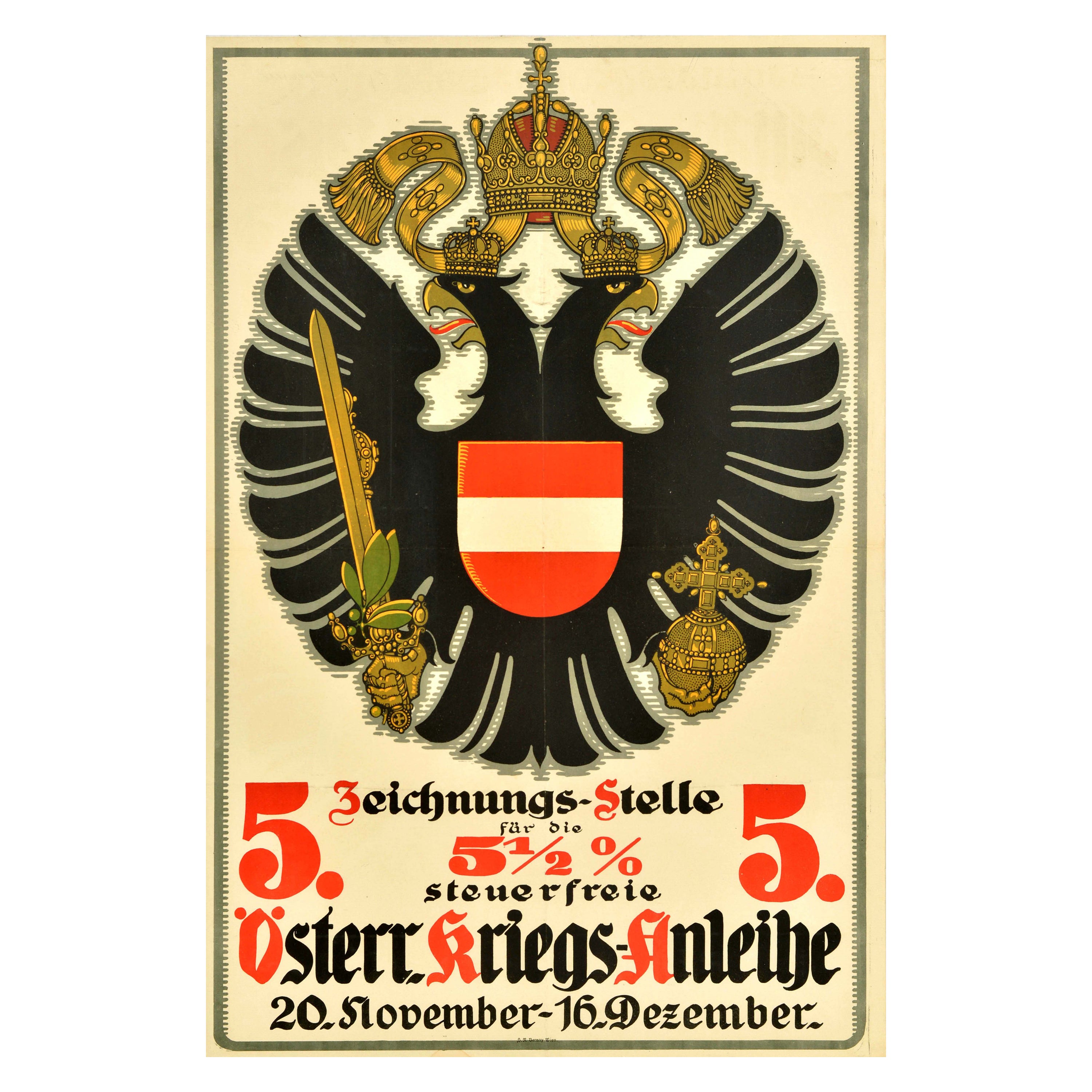 Original Antique War Loan Poster 5 Austrian War Bond Coat Of Arms WWI Shield