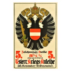 Original Antique War Loan Poster 5 Austrian War Bond Coat Of Arms WWI Shield