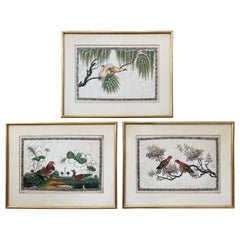 Set of Three Painted Silk Bird Paintings