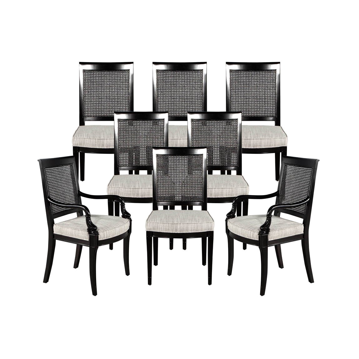 Set of 8 Black Lacquered Cane Back Dining Chairs