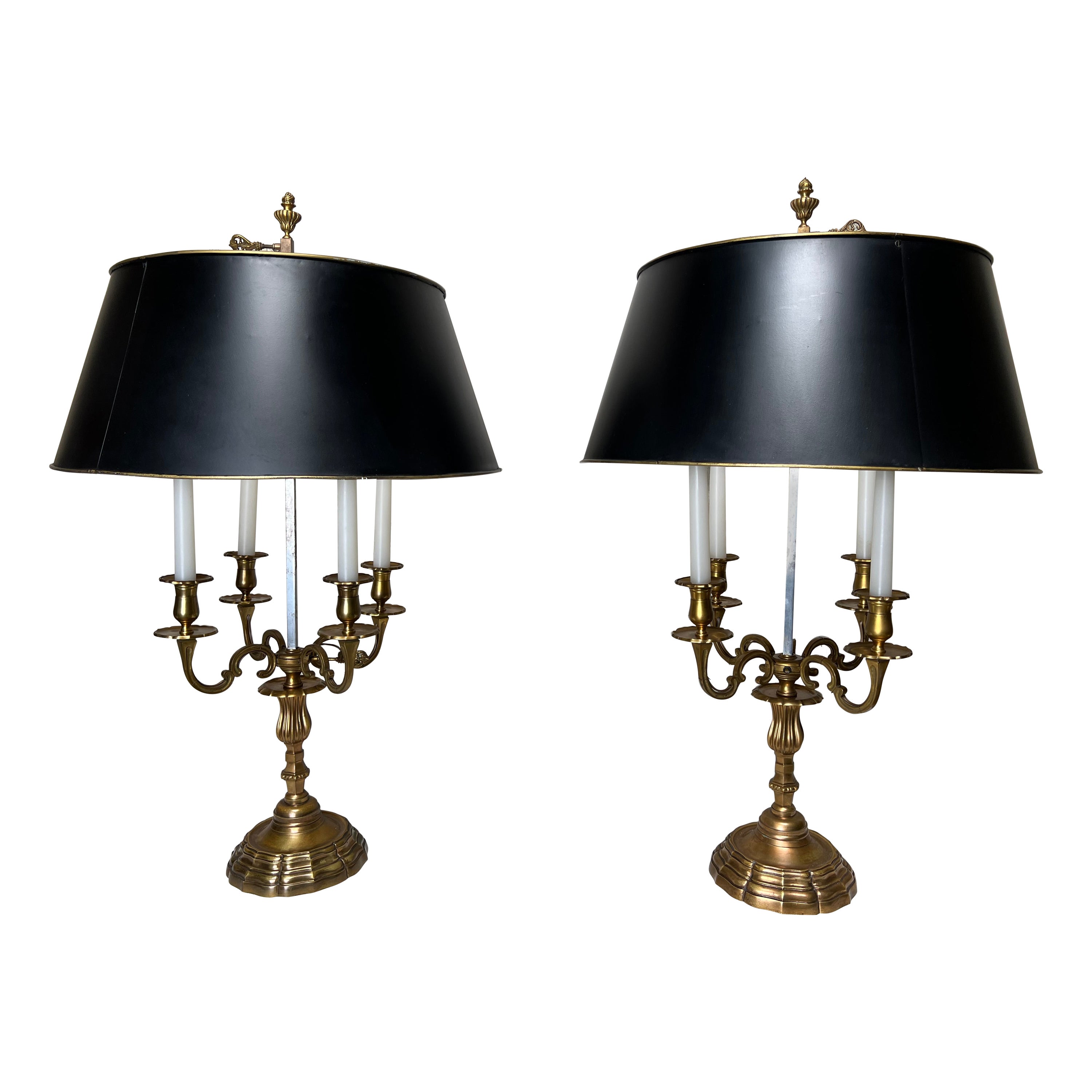 Large Pair of French Black and Gold Bouillotte Lamp in Brass with Black Shades