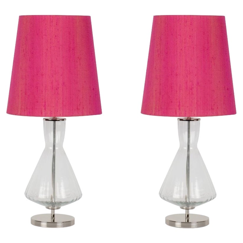 Set/2 Art Deco Assis Table Lamps, Fuchsia Lampshade, Handmade by Greenapple For Sale