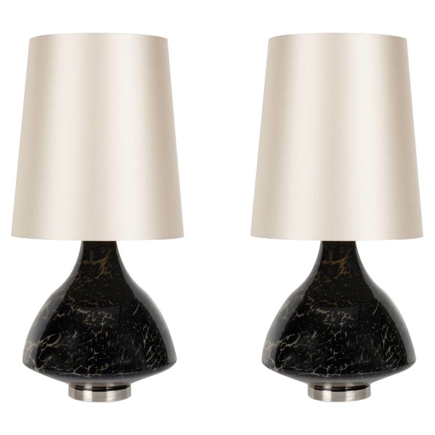 Set/2 Luso Table Lamps, Black, Beige Lampshade, Handmade Glass by Greenapple For Sale
