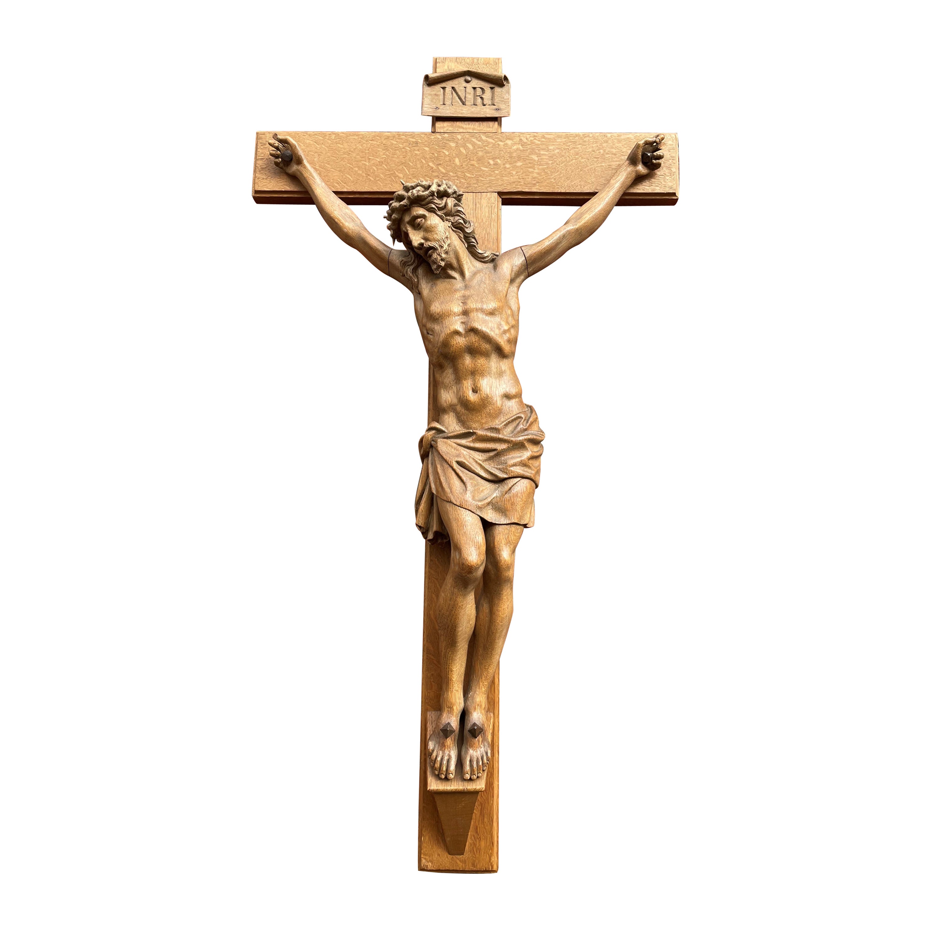 Large Antique Crucifix W. Stunning Hand Carved Jesus Christ Sculpture, 1850-1860