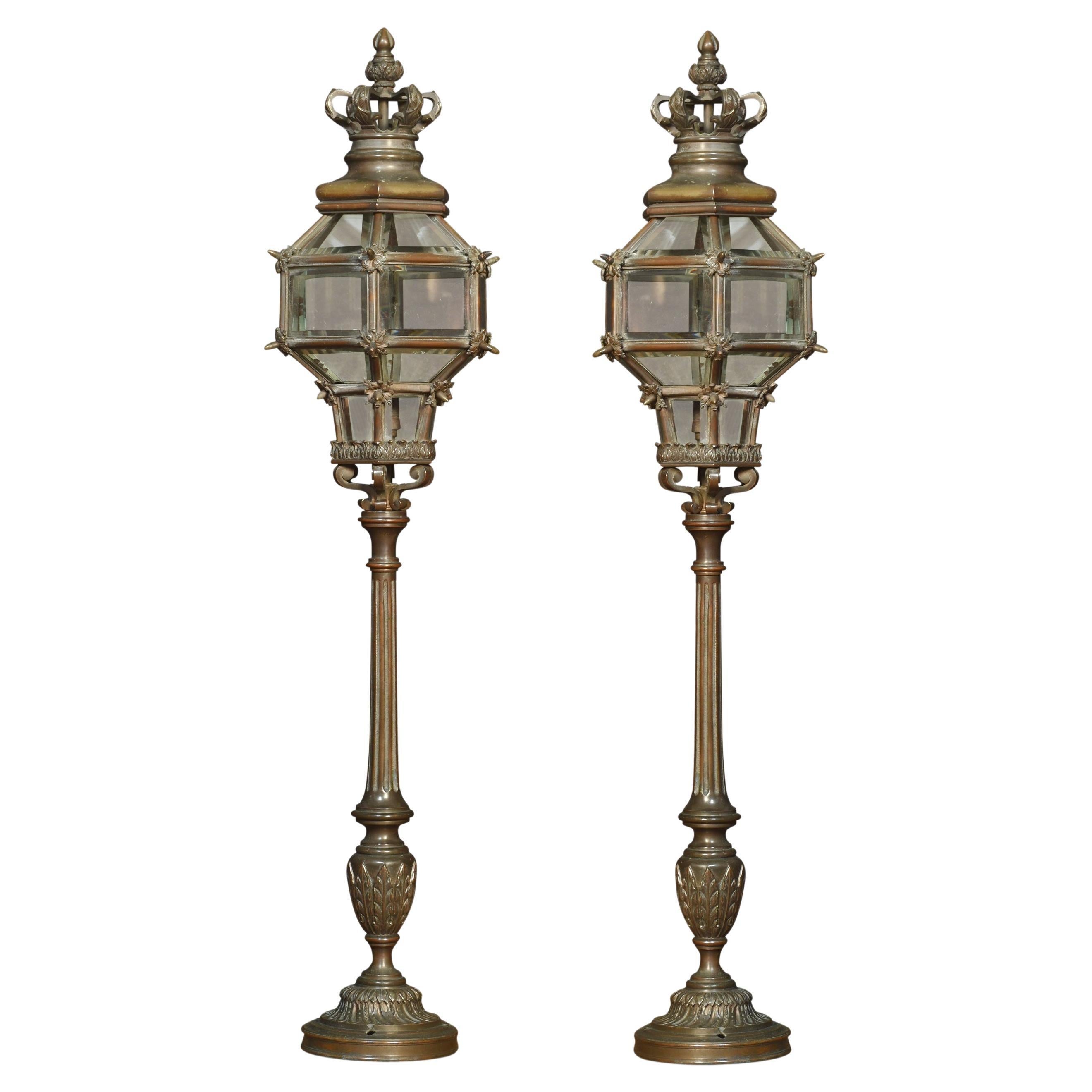 Pair of Bronze Newel Post Lamps For Sale
