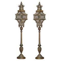 Antique Pair of Bronze Newel Post Lamps