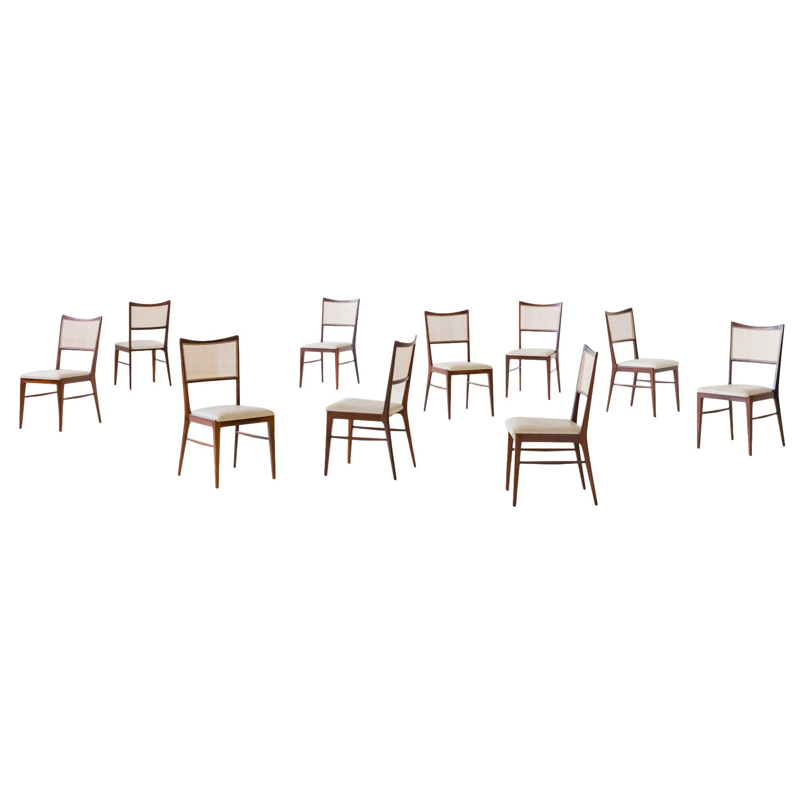 Satz von 10 Esszimmerstühlen aus Palisanderholz und Schilfrohr, unbekannter Designer, 1950er Jahre