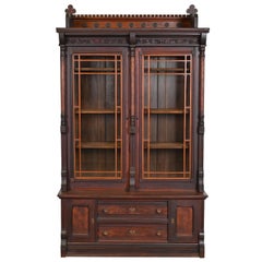 Antique Herter Brothers Style Eastlake Victorian Carved Walnut and Burl Wood Bookcase