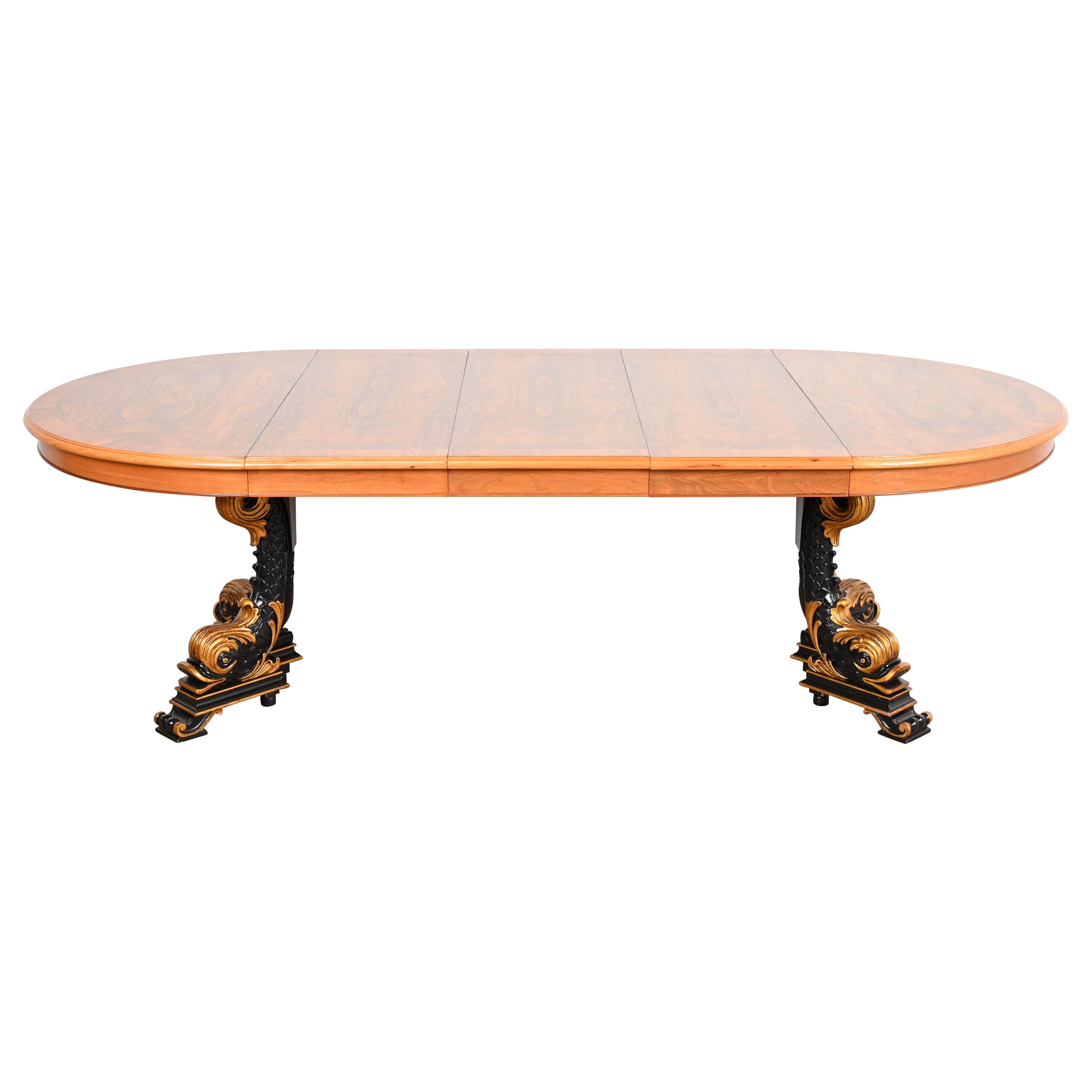 Karges Regency Burled Walnut Dolphin Base Extension Dining Table, Newly Restored