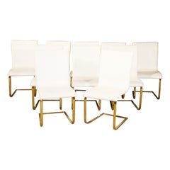 Set of 10 Brass and White Upholstered Post Modern Dining Room Chairs