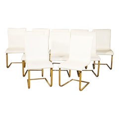 Set of 10 Brass and White Upholstered Post Modern Dining Room Chairs