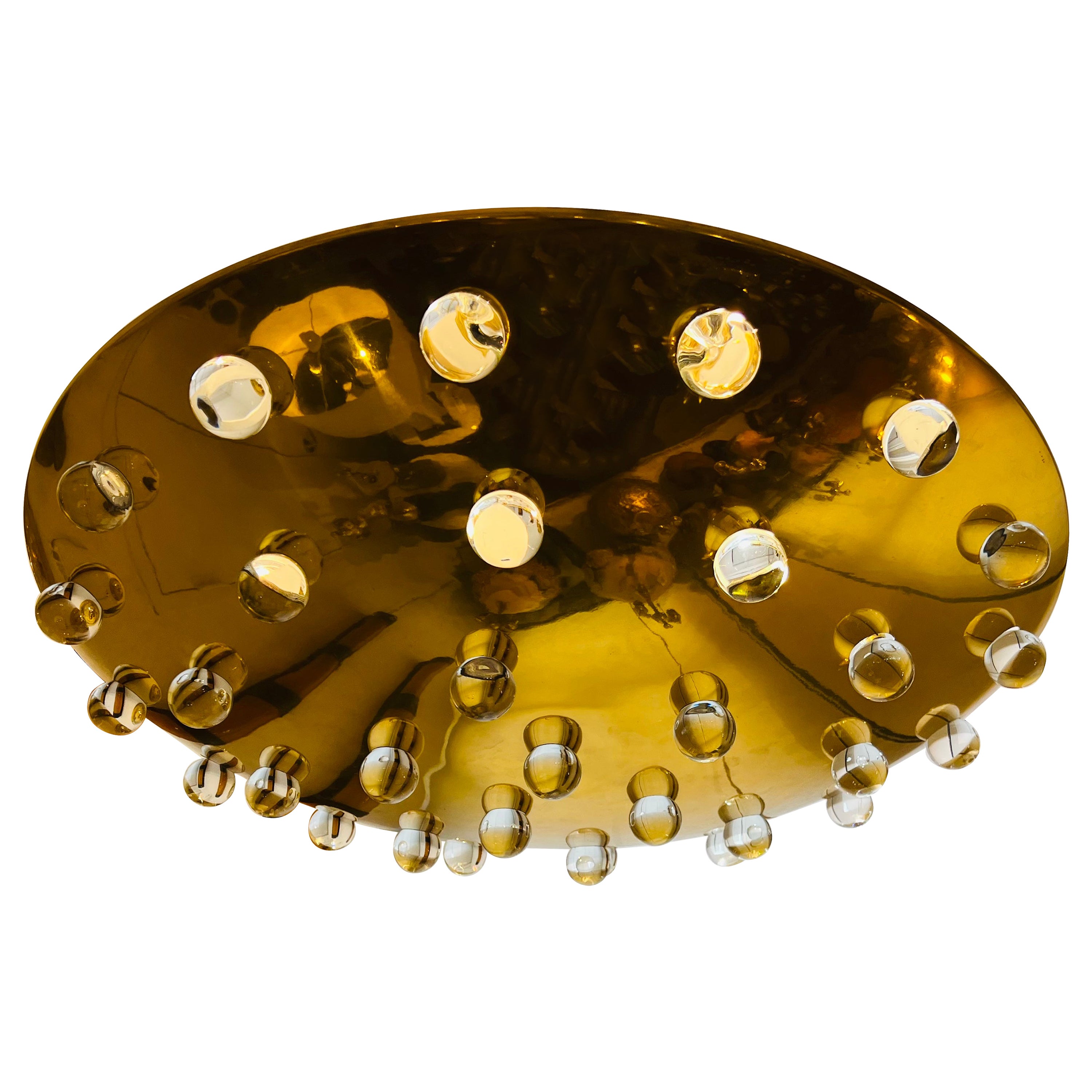 Large French 1960s Golden Crystal Orb Pendant Flush Ceiling Light