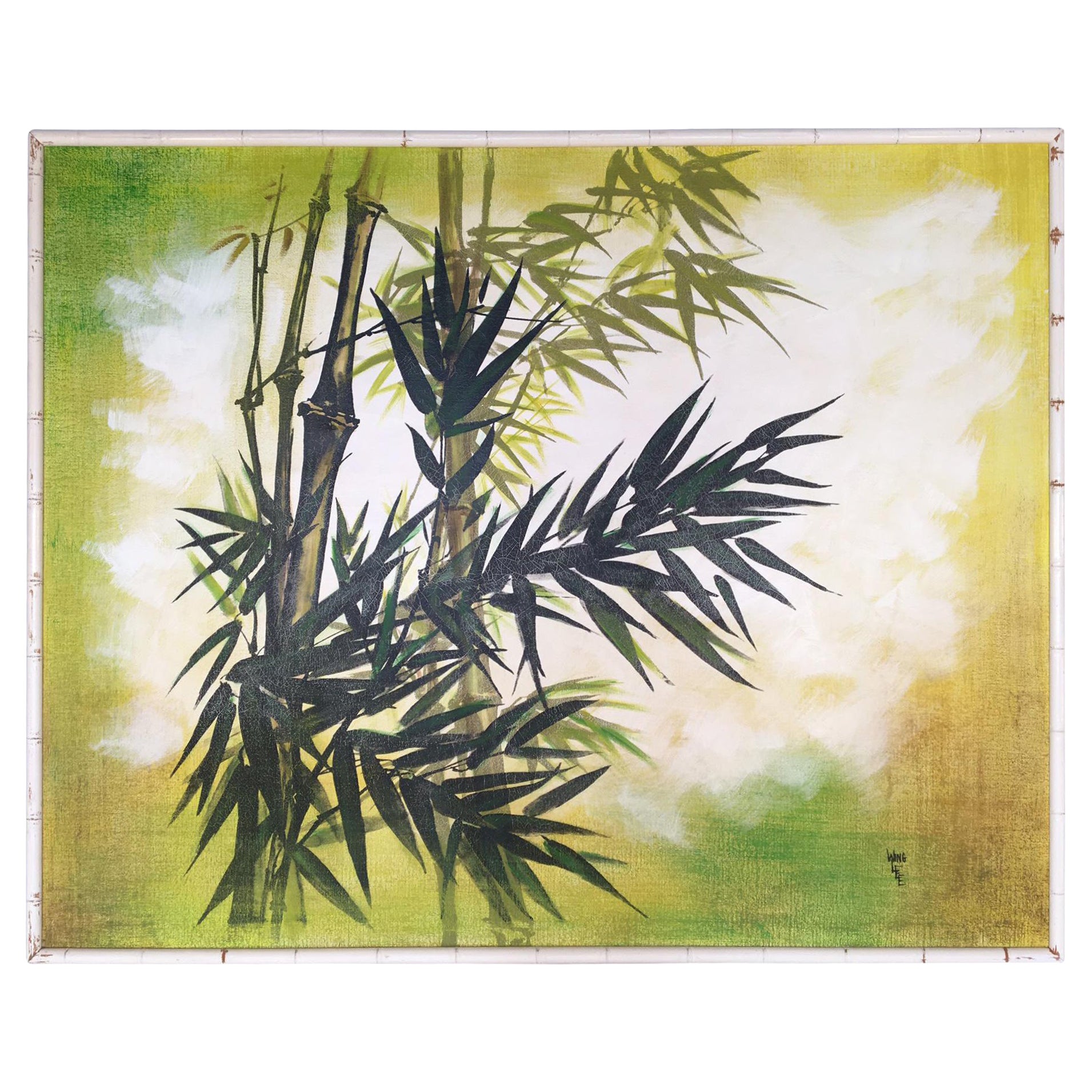 Framed Wing Lee Large Mid-Century Asian Bamboo Painting For Sale