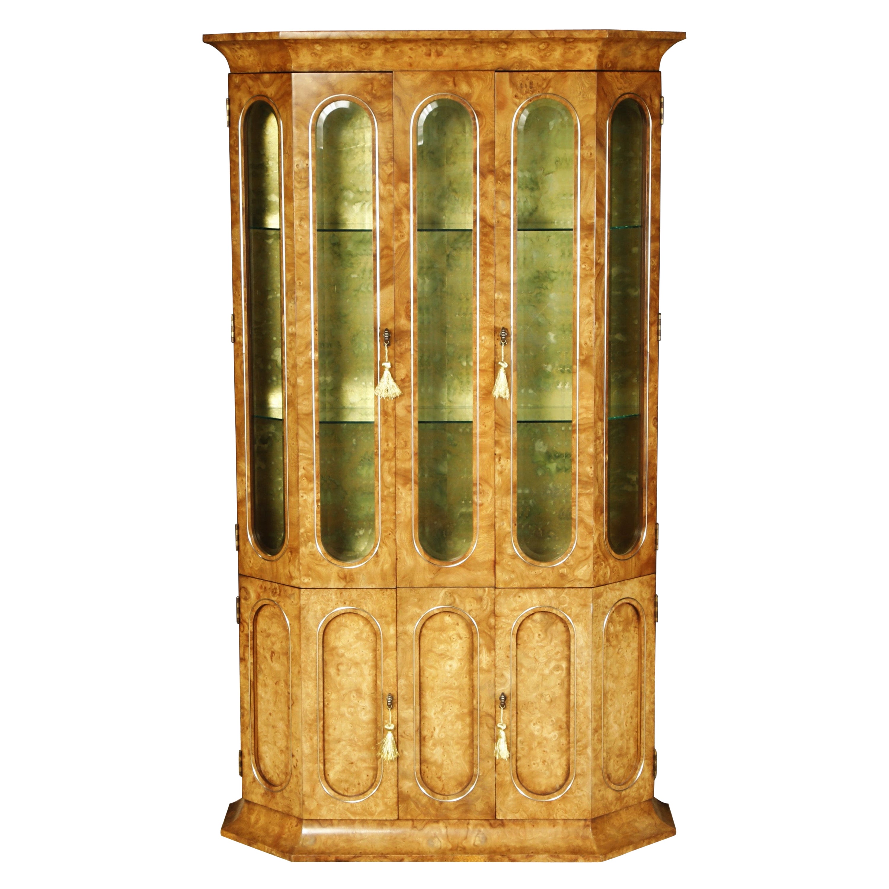 Mastercraft Burled Wood, Brass and Glass Illuminated Vitrine Cabinet, 1970s For Sale