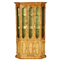 Mastercraft Burled Wood, Brass and Glass Illuminated Vitrine Cabinet, 1970s