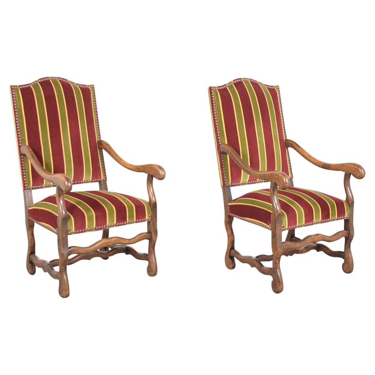 19th Century French Armchairs: Dark Walnut Finish with Striped Velvet Upholstery For Sale